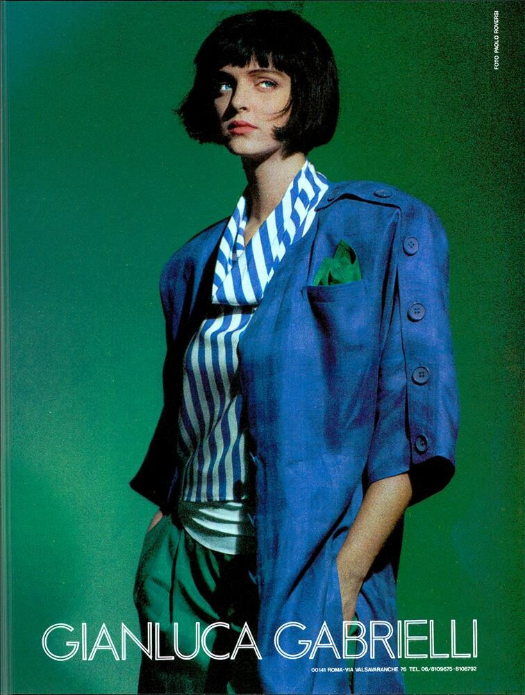 Simonetta Gianfelici featured in  the Gianluca Gabrielli advertisement for Spring/Summer 1985