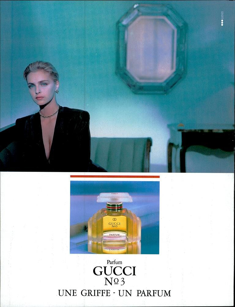 Simonetta Gianfelici featured in  the Gucci Fragrance No 3 advertisement for Autumn/Winter 1986