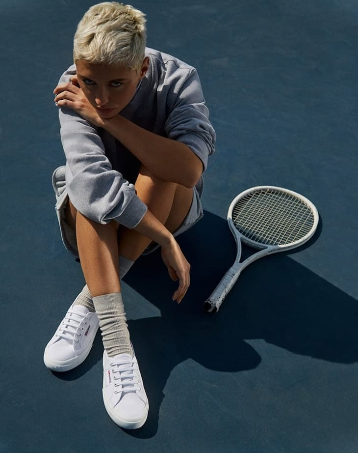 Iris Law featured in  the Superga advertisement for Fall 2022