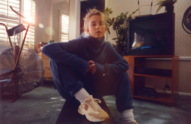 Sydney Sweeney featured in  the Tory Burch Good Luck Trainer  advertisement for Holiday 2021