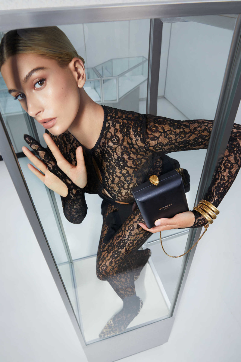 Hailey Baldwin Bieber featured in  the Alexander Wang x BVLGARI advertisement for Autumn/Winter 2019