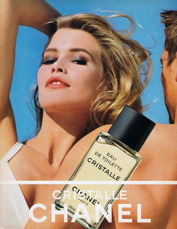 Claudia Schiffer featured in  the Chanel Parfums Cristalle advertisement for Spring/Summer 1990