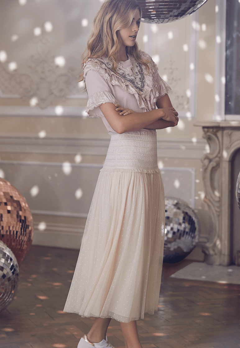 Victoria Lee featured in  the Needle & Thread Snowflake Collection lookbook for Spring/Summer 2020