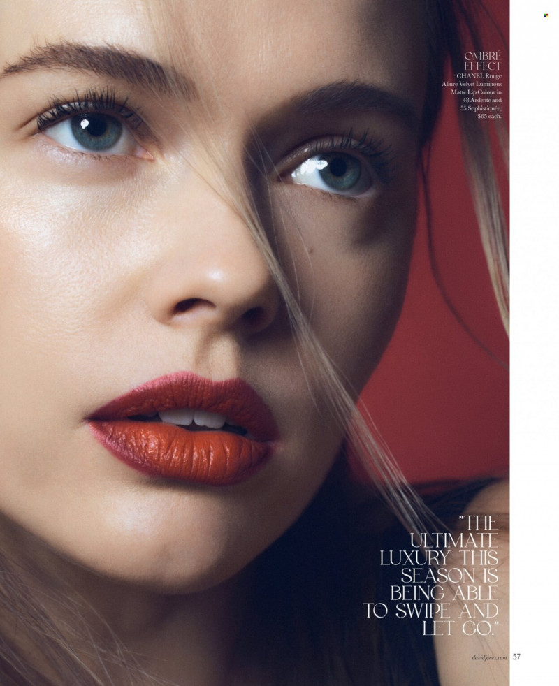 Victoria Lee featured in  the David Jones  The Return of Rouge’ CHANEL Rouge Allure Velvet   catalogue for Autumn/Winter 2023