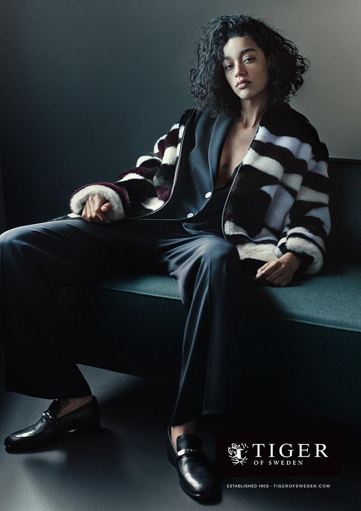 Damaris Goddrie featured in  the Tiger of Sweden advertisement for Autumn/Winter 2017