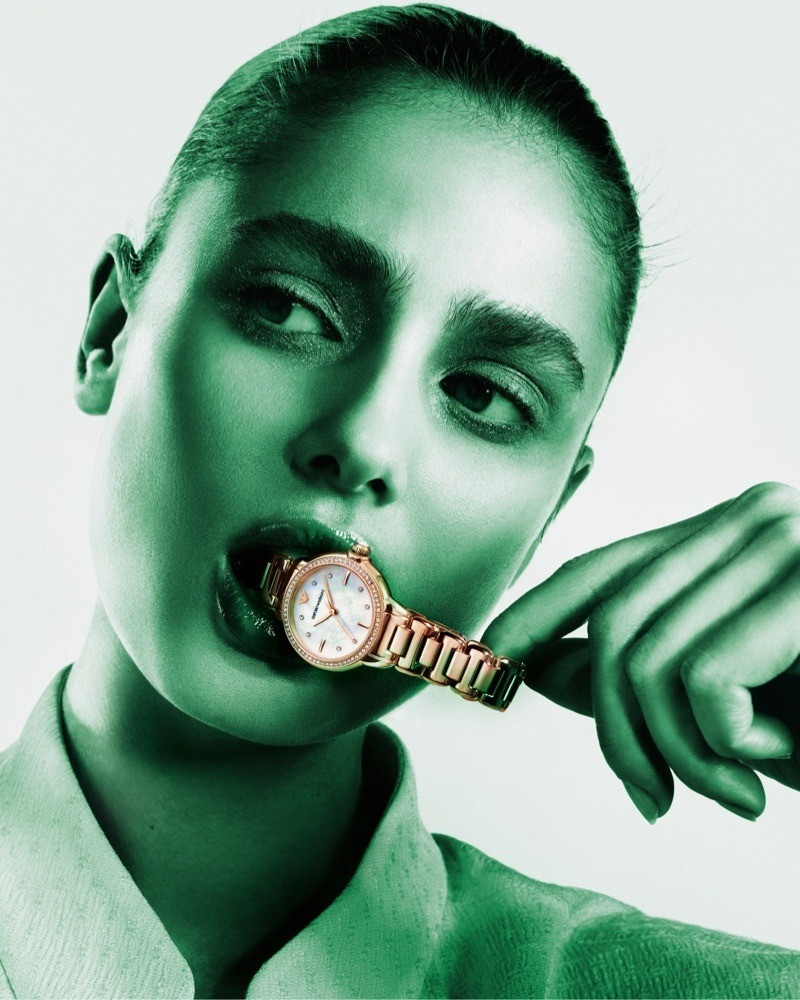 Taylor Hill featured in  the Emporio Armani Watches advertisement for Spring/Summer 2023