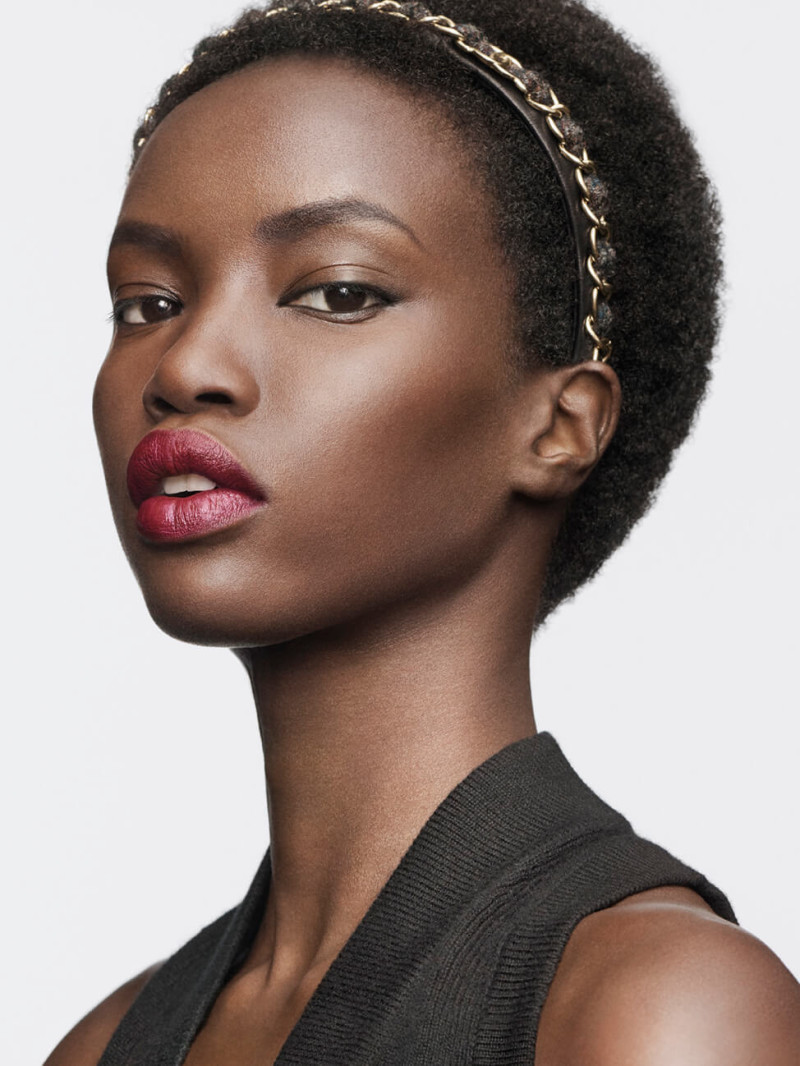 Anok Yai featured in  the Chanel Beauty Rouge Allure Velvet advertisement for Spring/Summer 2023