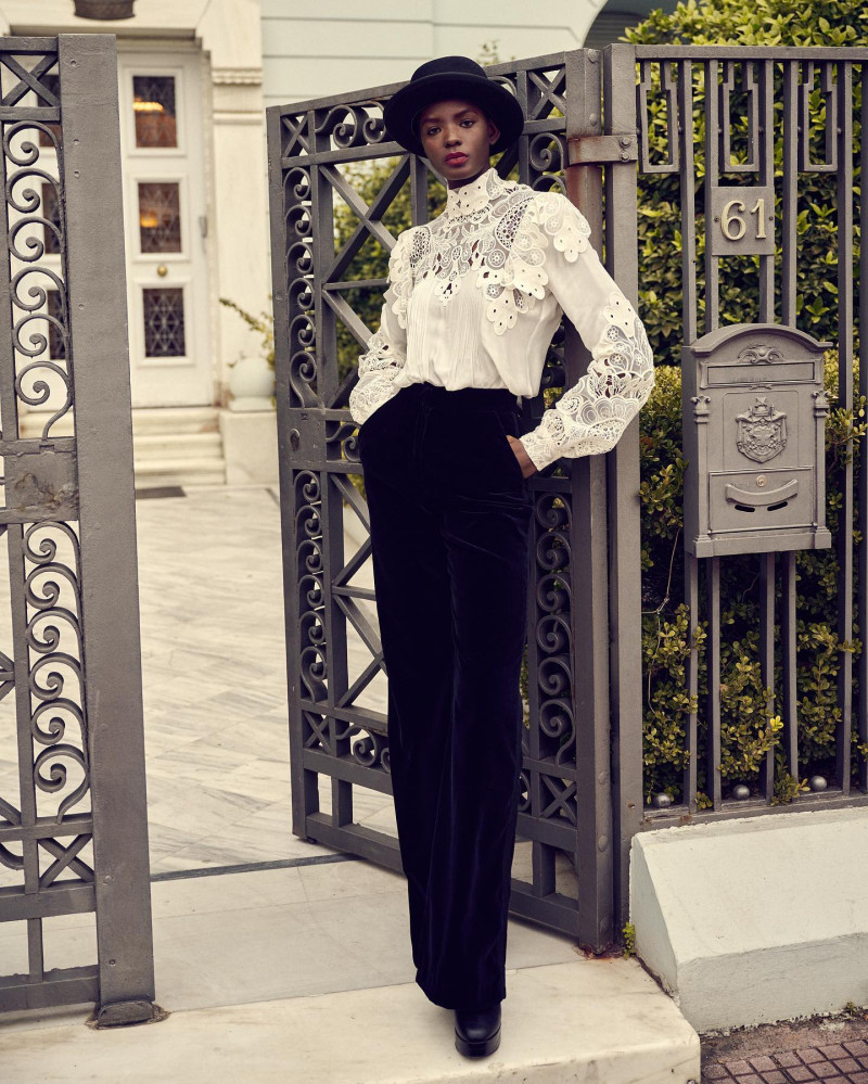 Mouna Fadiga featured in  the Costarellos lookbook for Pre-Fall 2021