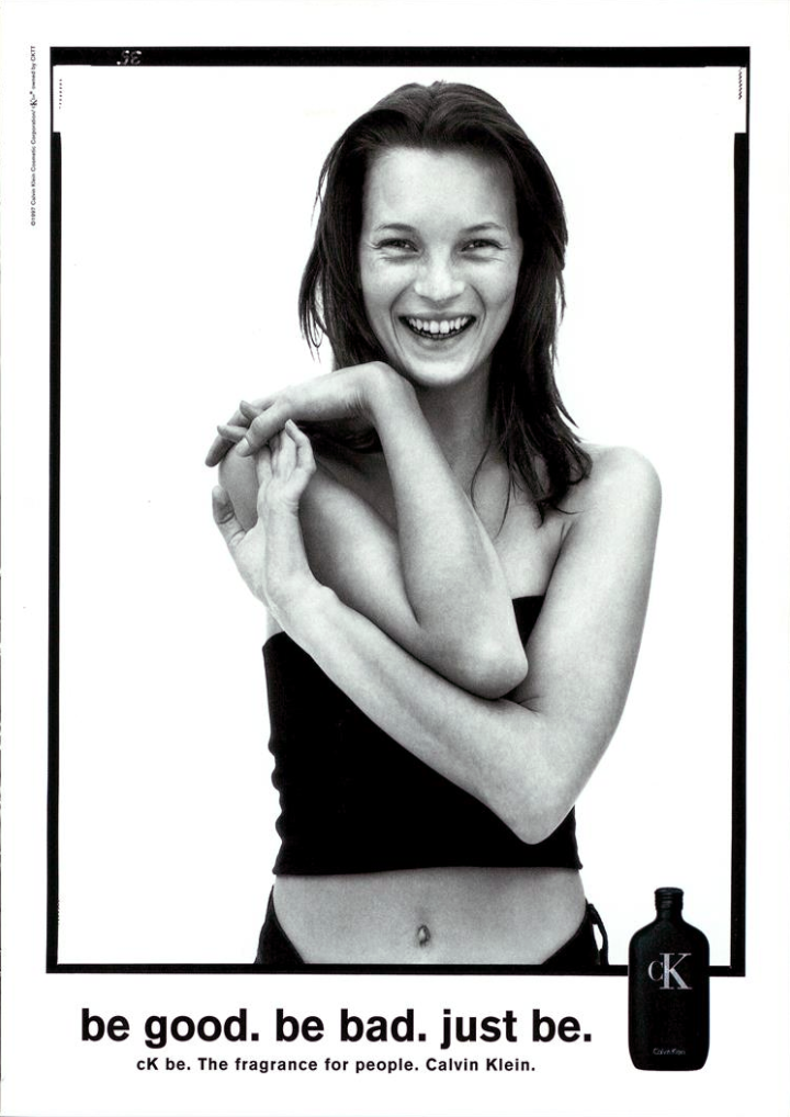 Kate Moss featured in  the Calvin Klein Fragrance ck be advertisement for Spring/Summer 1998
