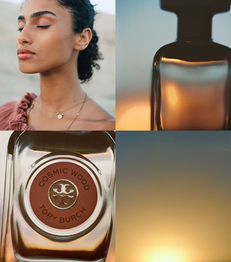 Imaan Hammam featured in  the Tory Burch Fragrance  Essence of Dreams Fragrance advertisement for Spring/Summer 2024