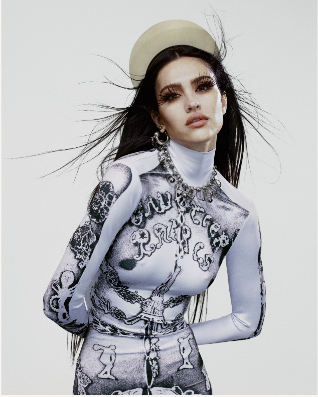 Amelia Gray Hamlin featured in  the Jean-Paul Gaultier Très Gaultier 2024 Campaign advertisement for Spring 2024