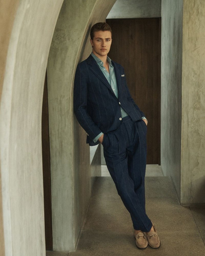 Lucky Blue Smith featured in  the Brunello Cucinelli Refined Pursuits advertisement for Spring/Summer 2024