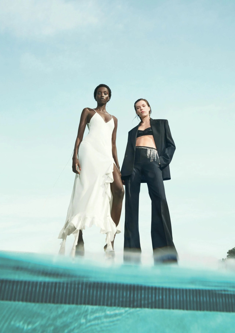 Anok Yai featured in  the Victoria Beckham X Mango 2024 Campaign advertisement for Spring/Summer 2024