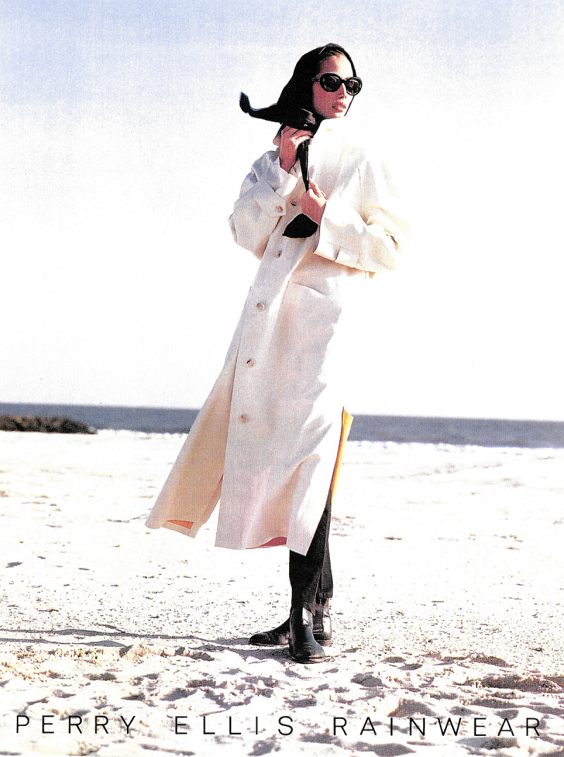 Christy Turlington featured in  the Perry Ellis Rainwear advertisement for Spring/Summer 1991