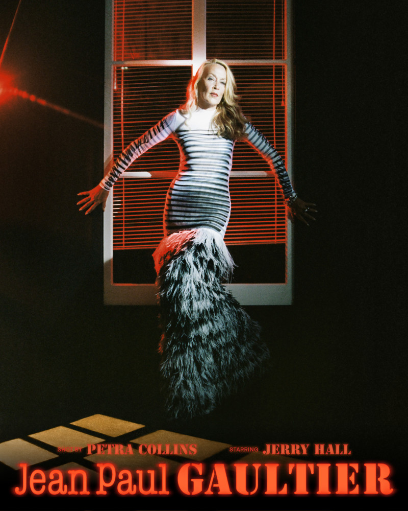 Jerry Hall featured in  the Jean-Paul Gaultier Fashion Fiction 2024 Campaign advertisement for Summer 2024