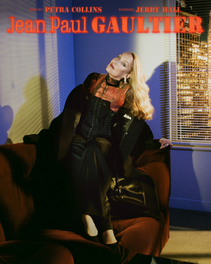 Jerry Hall featured in  the Jean-Paul Gaultier Fashion Fiction 2024 Campaign advertisement for Summer 2024