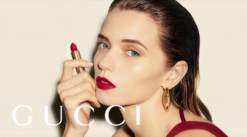 Abbey Lee Kershaw featured in  the Gucci Beauty Gucci Rosso Ancora 2024 Campaign advertisement for Summer 2024