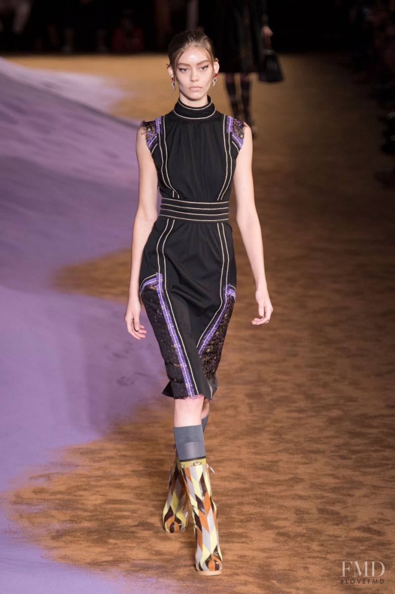 Ondria Hardin featured in  the Prada fashion show for Spring/Summer 2015