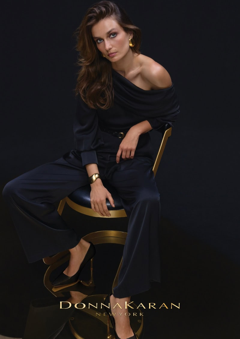 Andreea Diaconu featured in  the Donna Karan New York advertisement for Holiday 2024