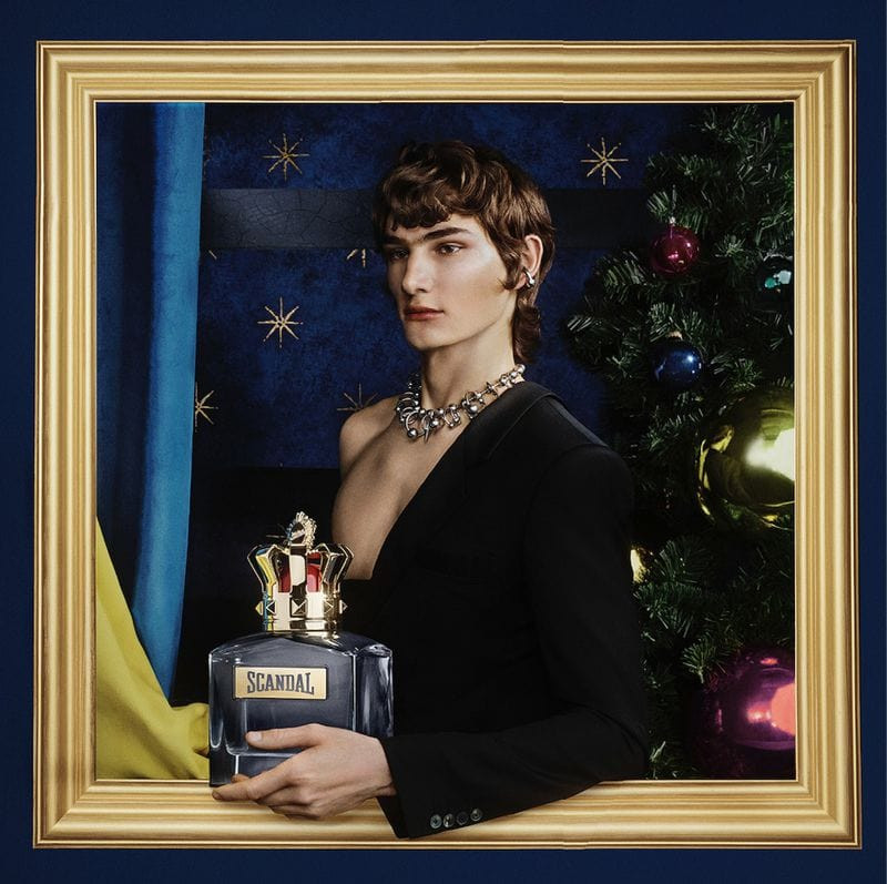 Silas Lutz featured in  the Jean-Paul Gaultier Fragrance Museum Fragrance Campaign advertisement for Winter 2024