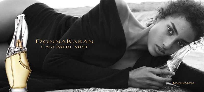 Imaan Hammam featured in  the DKNY Fragrance Cashmere Mist advertisement for Spring 2025