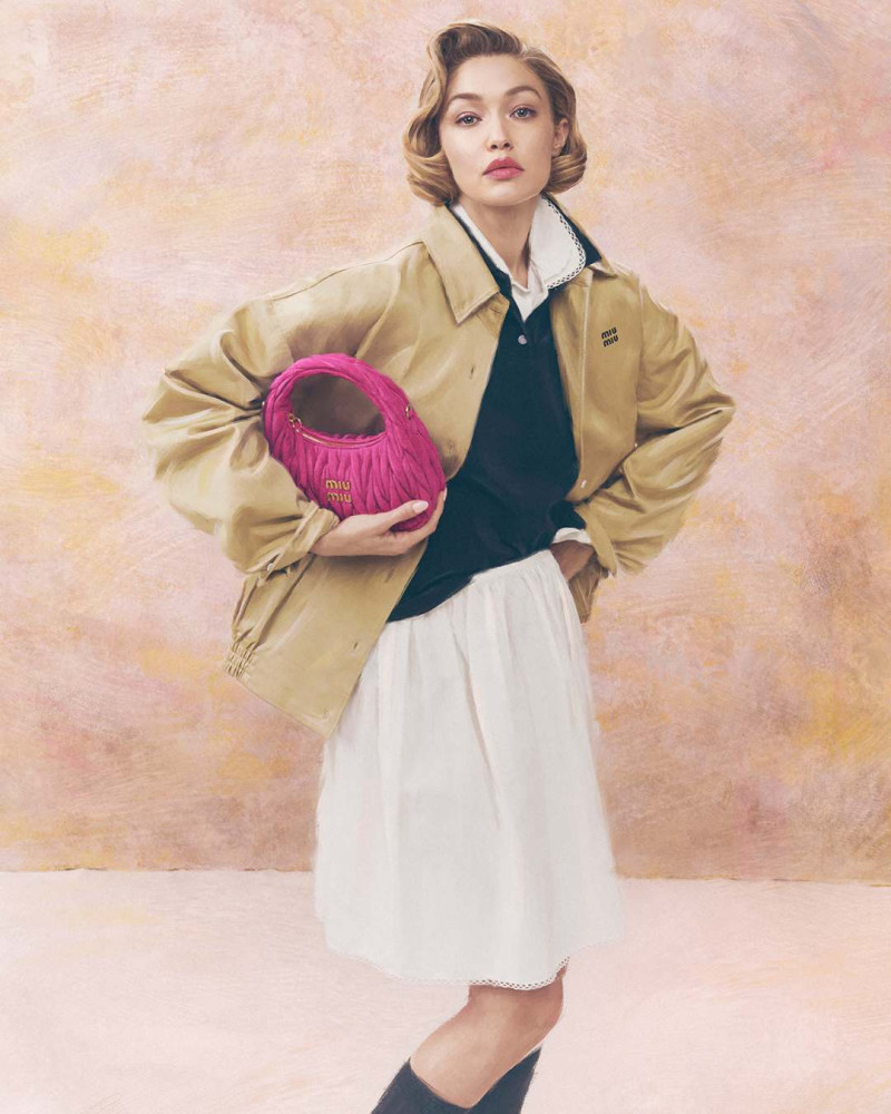 Gigi Hadid featured in  the Miu Miu Miu Miu Leathergoods 2025: Wander & Arcadie Bags advertisement for Summer 2025