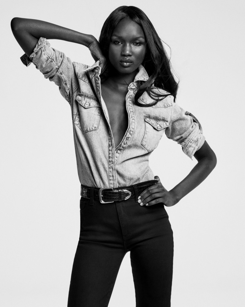Abeny Nhial featured in  the Frame Denim advertisement for Spring 2025