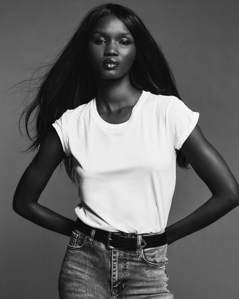 Abeny Nhial featured in  the Frame Denim advertisement for Spring 2025