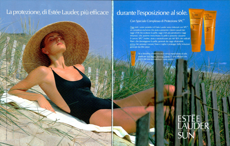 Paulina Porizkova featured in  the Estée Lauder Estée Lauder Sun advertisement for Spring/Summer 1990