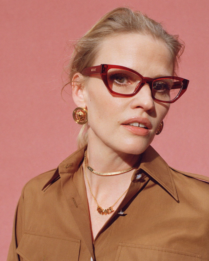 Lara Stone featured in  the Versace Eyewear advertisement for Spring/Summer 2025