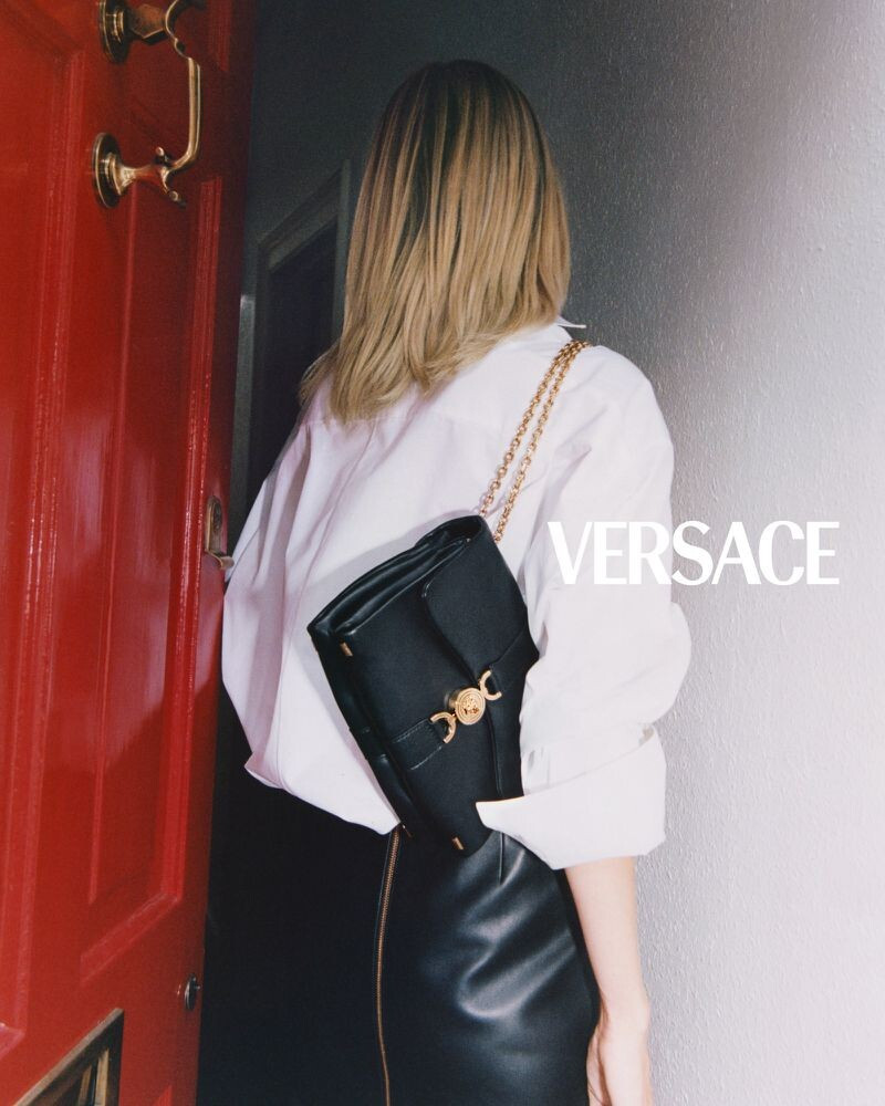 Tara Halliwell featured in  the Versace Kleio Bag advertisement for Autumn/Winter 2024
