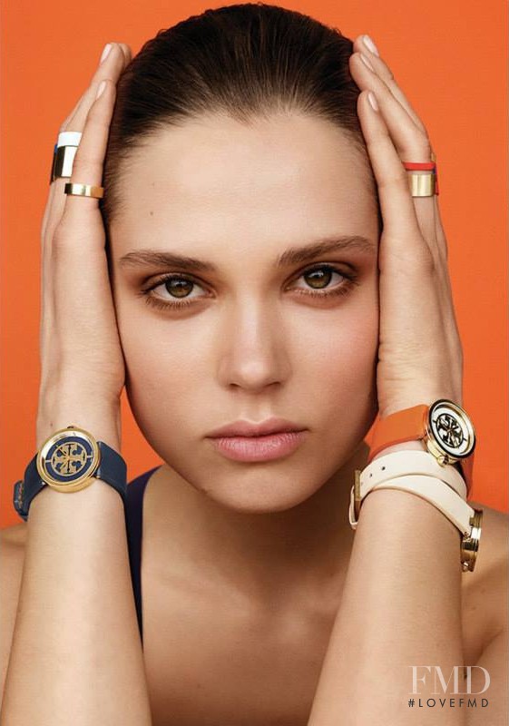 Caroline Brasch Nielsen featured in  the Tory Burch Watch Collection advertisement for Spring/Summer 2015